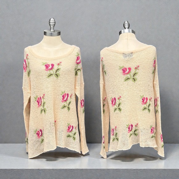 Wildfox Prairie Rose Print Open Knit Sweater M Cream Pink Long Sleeve - Picture 4 of 9